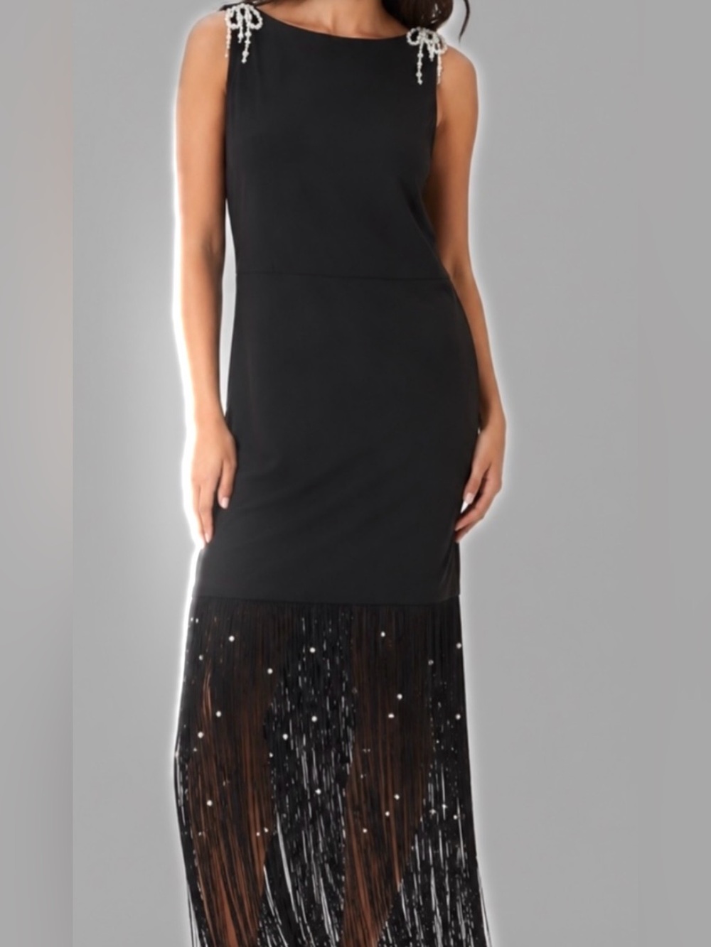 En Saison Black Fringe Evening Gown with Pearl Shoulder Accents